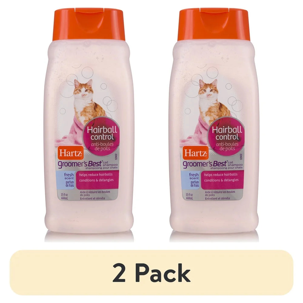 Groomer's Best Cat Shampoo Hairball Control 2 Pack Fresh Scent 15oz Reduces Hairballs Conditions Silky Shiny Coat Ideal