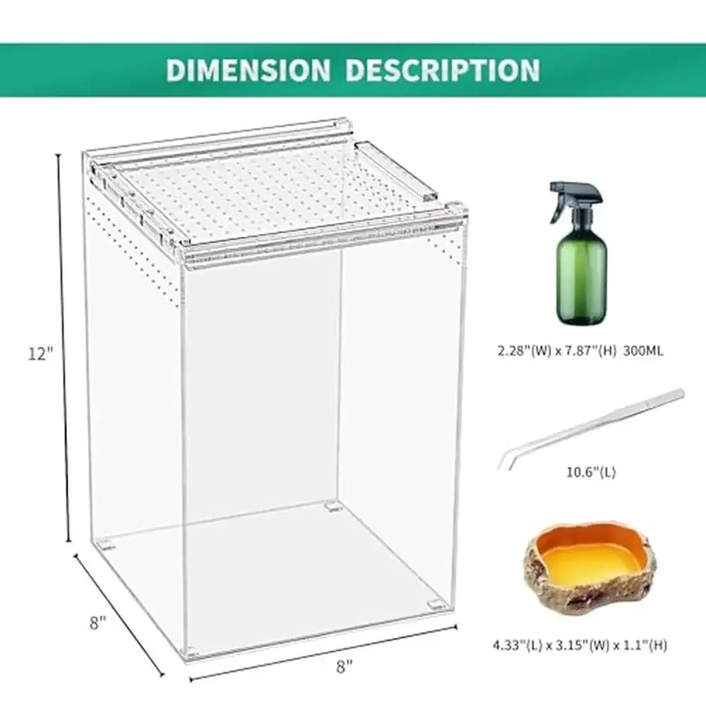 Reptile Terrarium Kit 8x8x12 Magnetic Acrylic Enclosure for Snakes Tarantulas Hermit Crabs Geckos Scorpions and Jumping Spiders