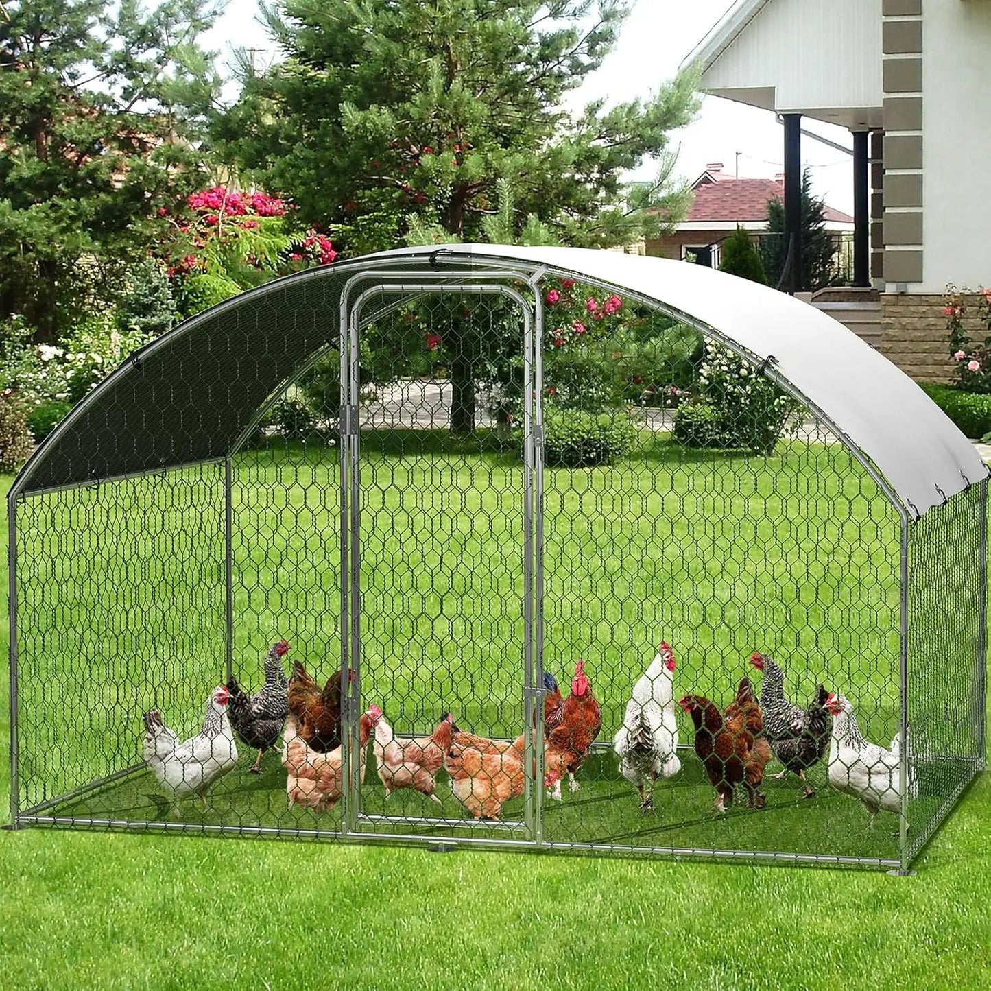 Large Metal Chicken Coop Walk-in Poultry Cage for Outdoor Waterproof UV-Resistant Cover Lockable Door Large Chicken Run for Farm