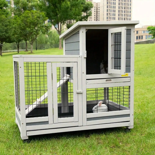 Outdoor Rabbit Hutch Small Animal House Rolling Bunny Cage with Removable Tray Pinewood and Galvanized Wire Mesh