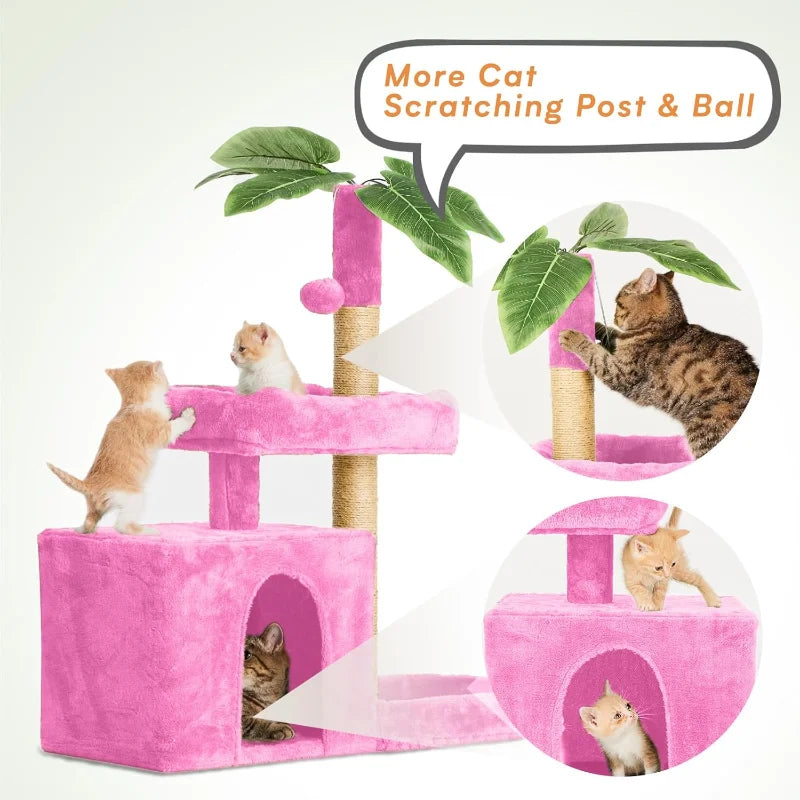 31.5" Cat Tree Tower for Indoor with Green Leaves Design