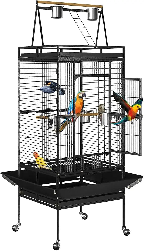Wrought Iron Standing Bird Cage 68 Inch Tall Play Top for African Grey Parrot