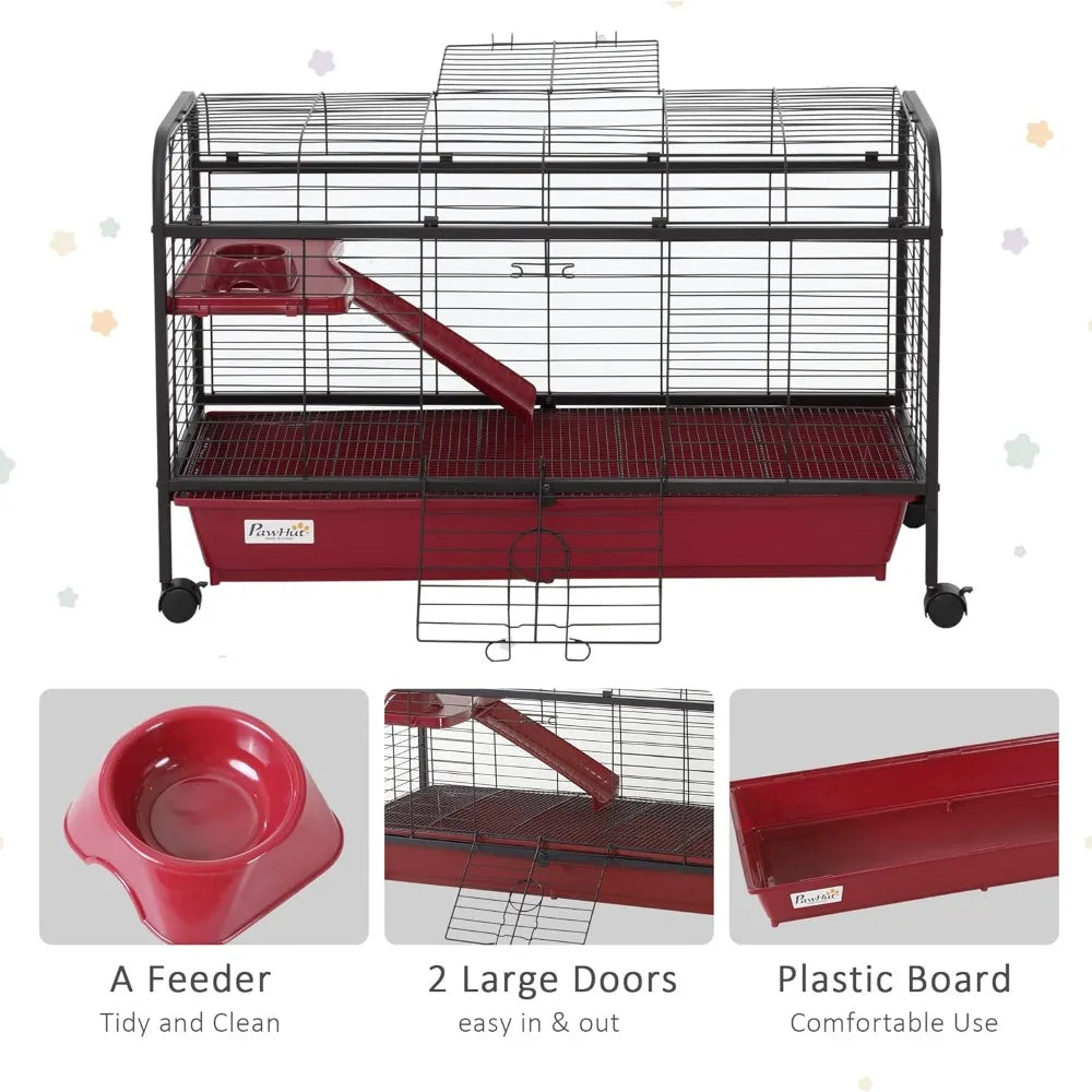 41 Inch Small Animal Cage Rabbit Hutch Ferret Pet Play House with Feeder Rolling Wheels Platform and Ramp