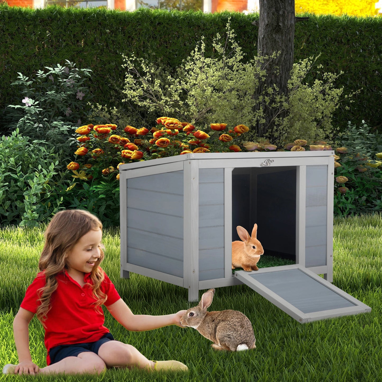 Small Wood Rabbit Hutch Bunny Cage Habitat with Weatherproof Openable Top Door Ramp for Guinea Pigs