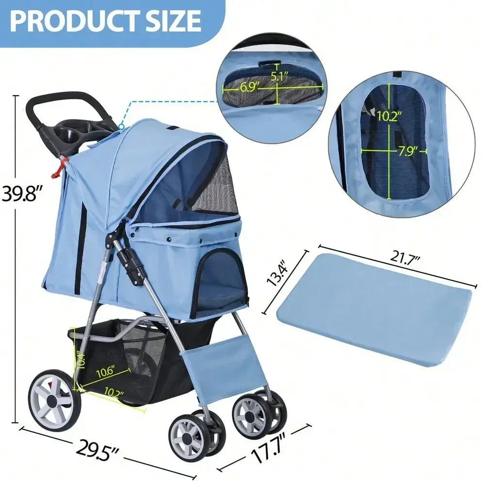 Blue Four Wheel Pet Stroller for Small Dogs and Cats Foldable Carrier Jogger with Basket