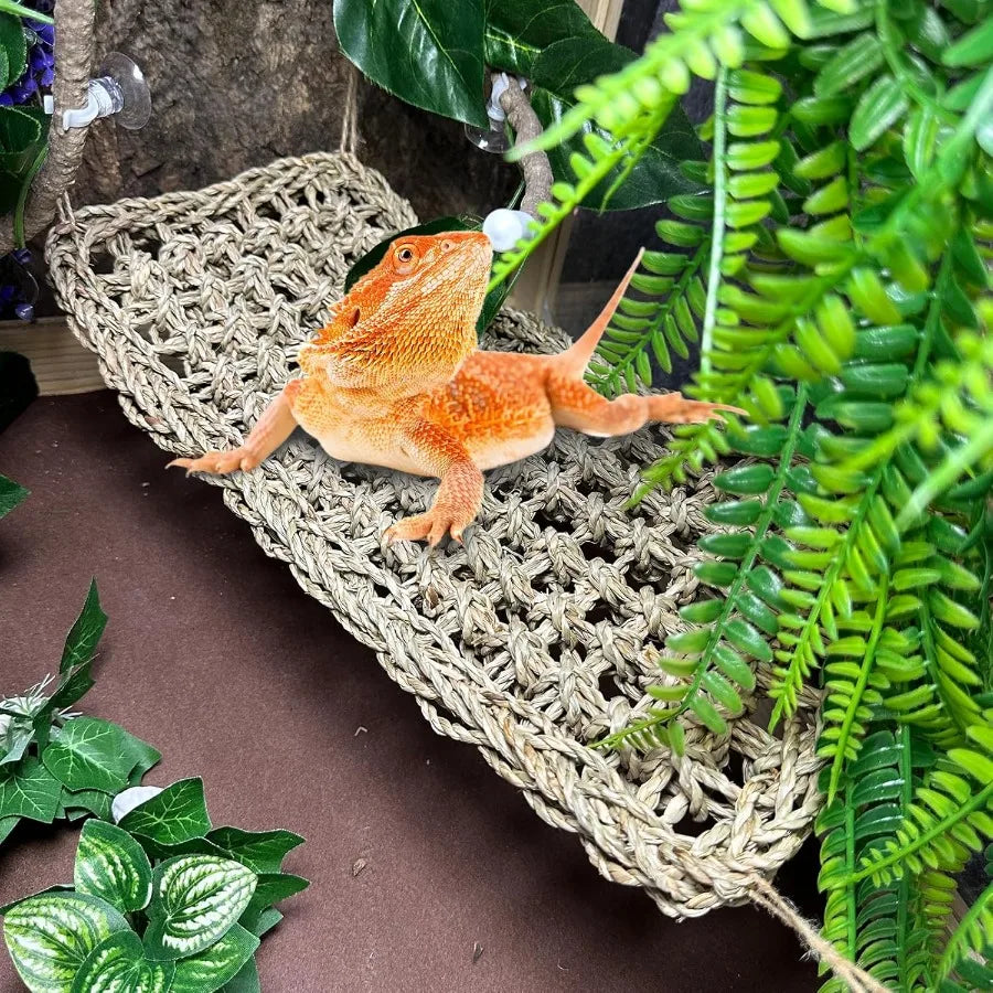 8 Pieces Bearded Dragon Hammock Reptile Basking Platform With Artificial Plants Leaves Vines Tan