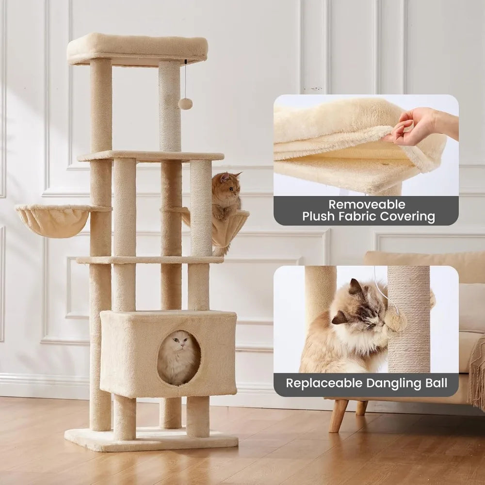 65 Inch Heavy Duty Cat Tree Tower for Large Cats Multi Level Cat Furniture with Replaceable Sisal Scratching Post