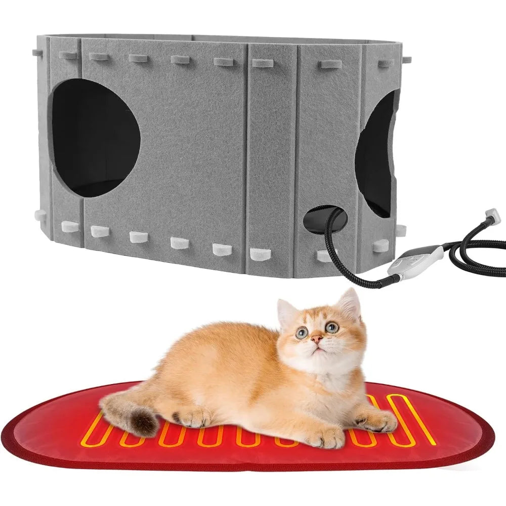 Heated Cat House For Indoor Cats With Timer And Temperature Adjustable Heating Pad Included Foldable Cat Houses Condos