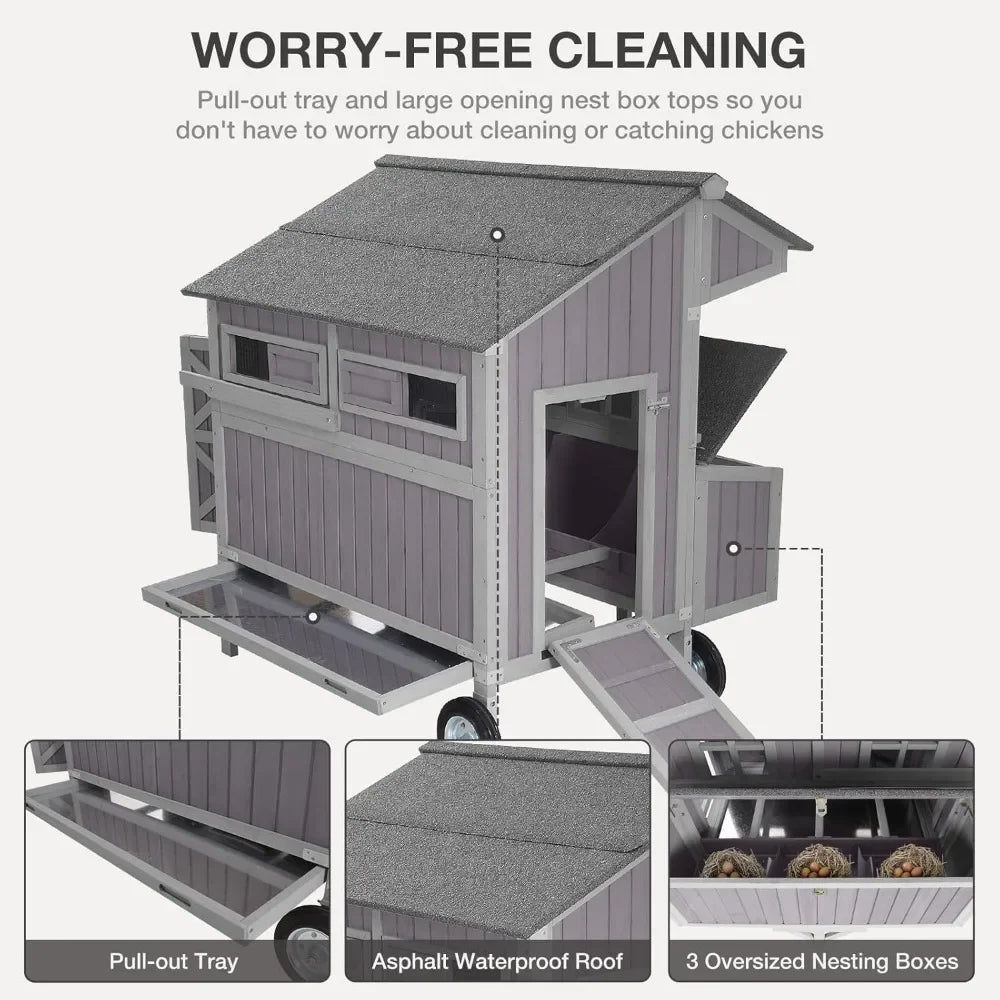 Durable Outdoor Chicken Coop with Large Wheels, 3 Nesting Box, and Leakproof Pull-On Tray - Movable Hen House