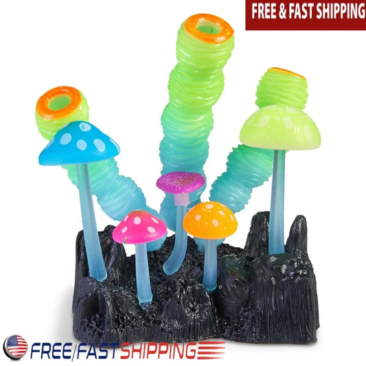 Glow In The Dark Tube Mushroom Aquarium Ornament Flexible Silicone Decoration With Suction Cup Base For Freshwater And Saltwater Tanks