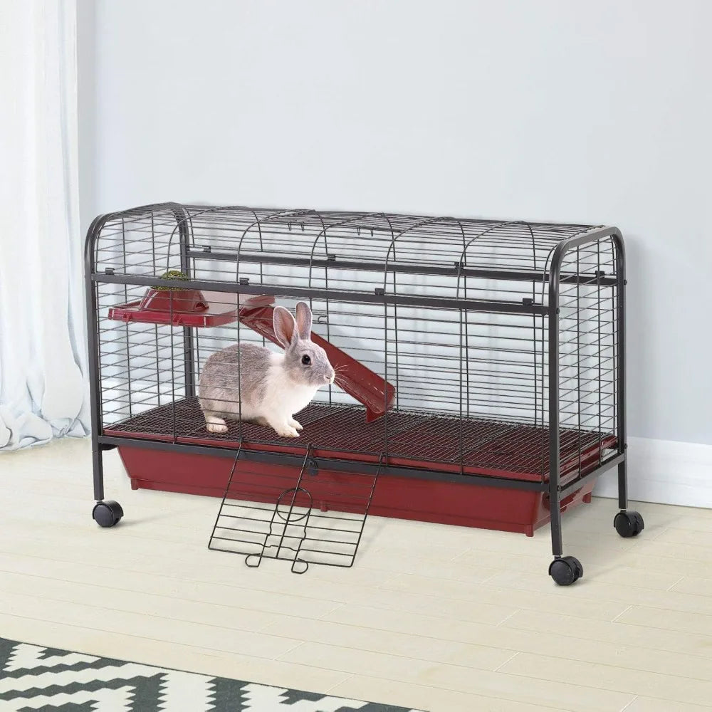 41 Inch Small Animal Cage Rabbit Hutch Ferret Pet Play House with Feeder Rolling Wheels Platform and Ramp
