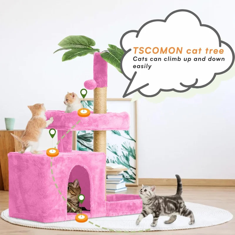 31.5" Cat Tree Tower for Indoor with Green Leaves Design