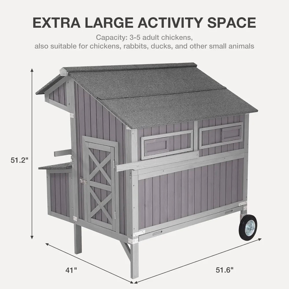 Durable Outdoor Chicken Coop with Large Wheels, 3 Nesting Box, and Leakproof Pull-On Tray - Movable Hen House
