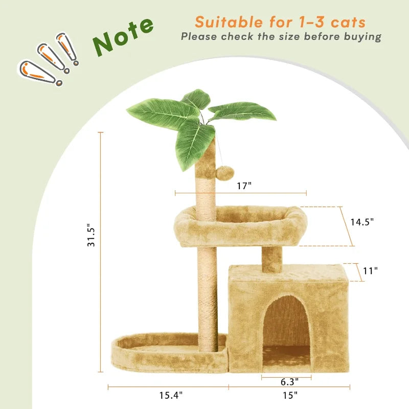 31.5" Cat Tree Tower for Indoor with Green Leaves Design