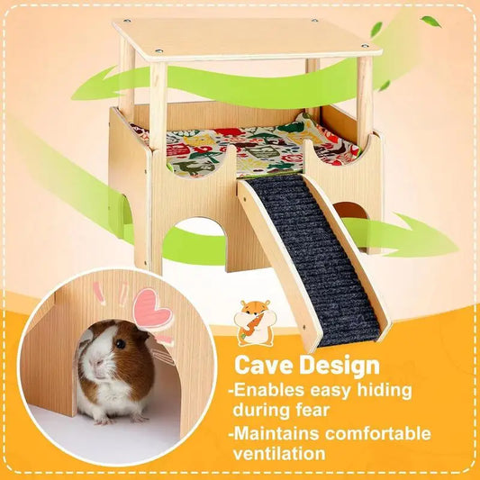 Chinchilla House Double-Layer Wooden Hamster Playground Shelter With Ladder