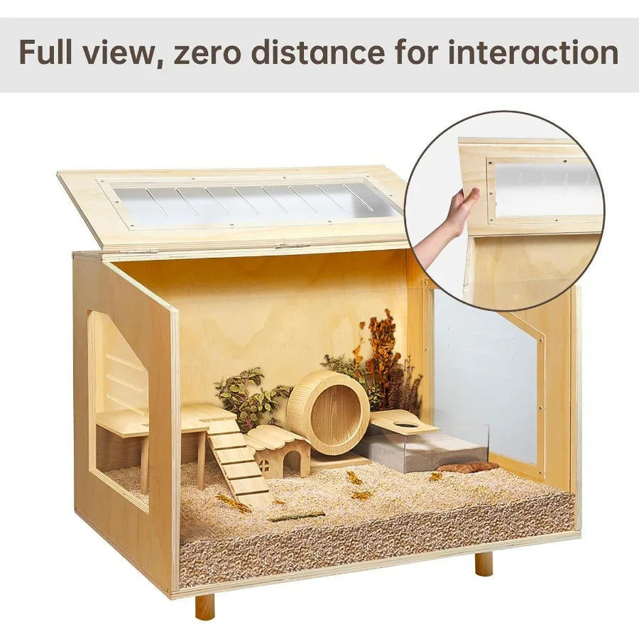 Wooden Hamster Cage 24 Inch Clear Guinea Pig Cage Open Top Habitat With Acrylic Pan