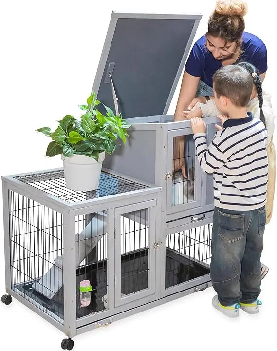 Rabbit Hutch Indoor Outdoor Bunny Cage 39" L Large 2-Story Wooden Enclosure with Wheels