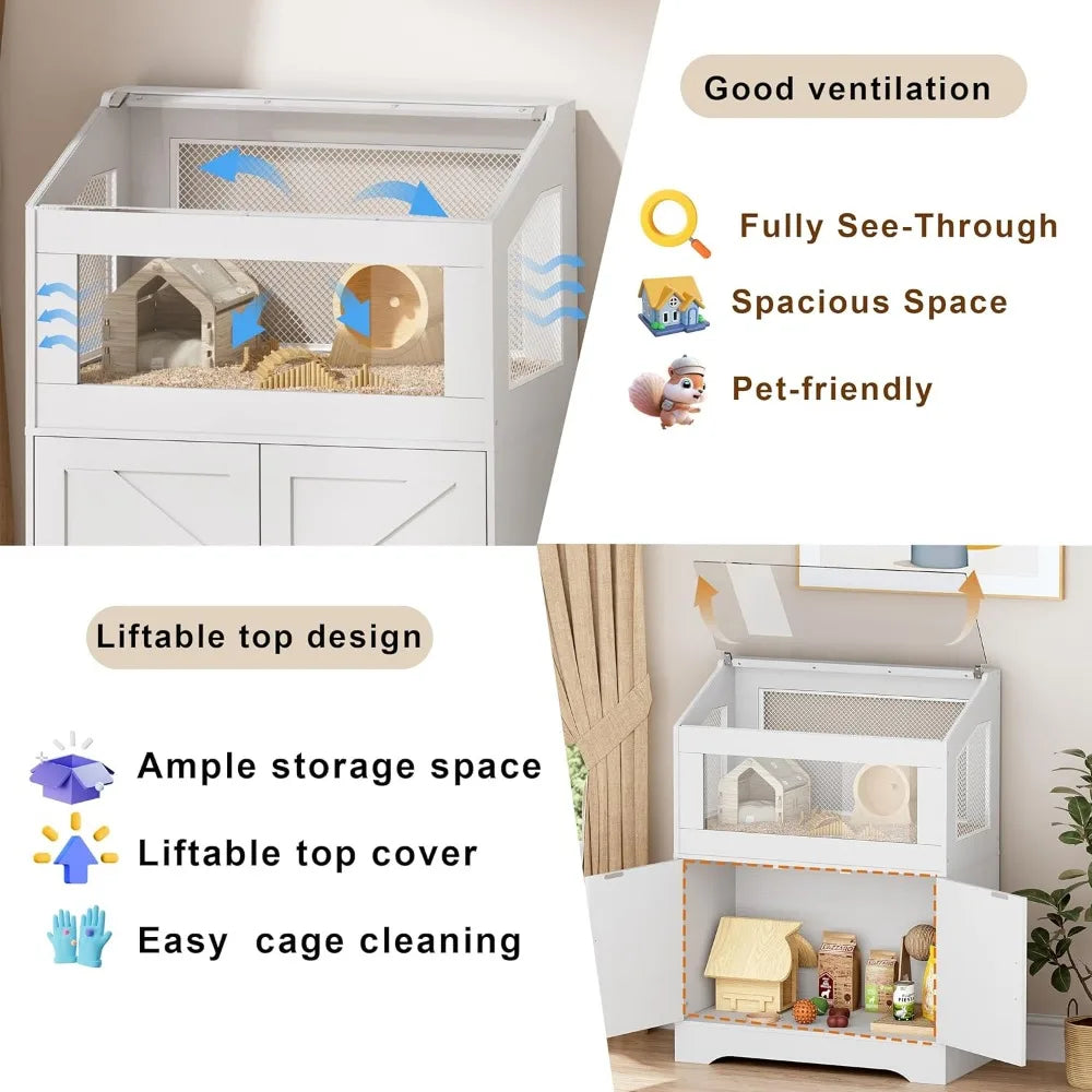 Hamster Cage, Small Animal Cages with Storage Cabinet, Visual and Ventilated Large Habitats Hamster House for Rat, Guinea Pig
