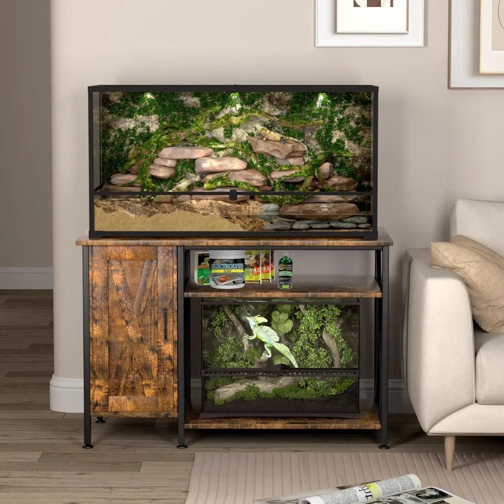 40-120 Gallon Reptile Tank Stand with Power Outlet Rustic Brown Terrarium Stand with Storage Cabinet 48 Inch X 24 Inch Tabletop