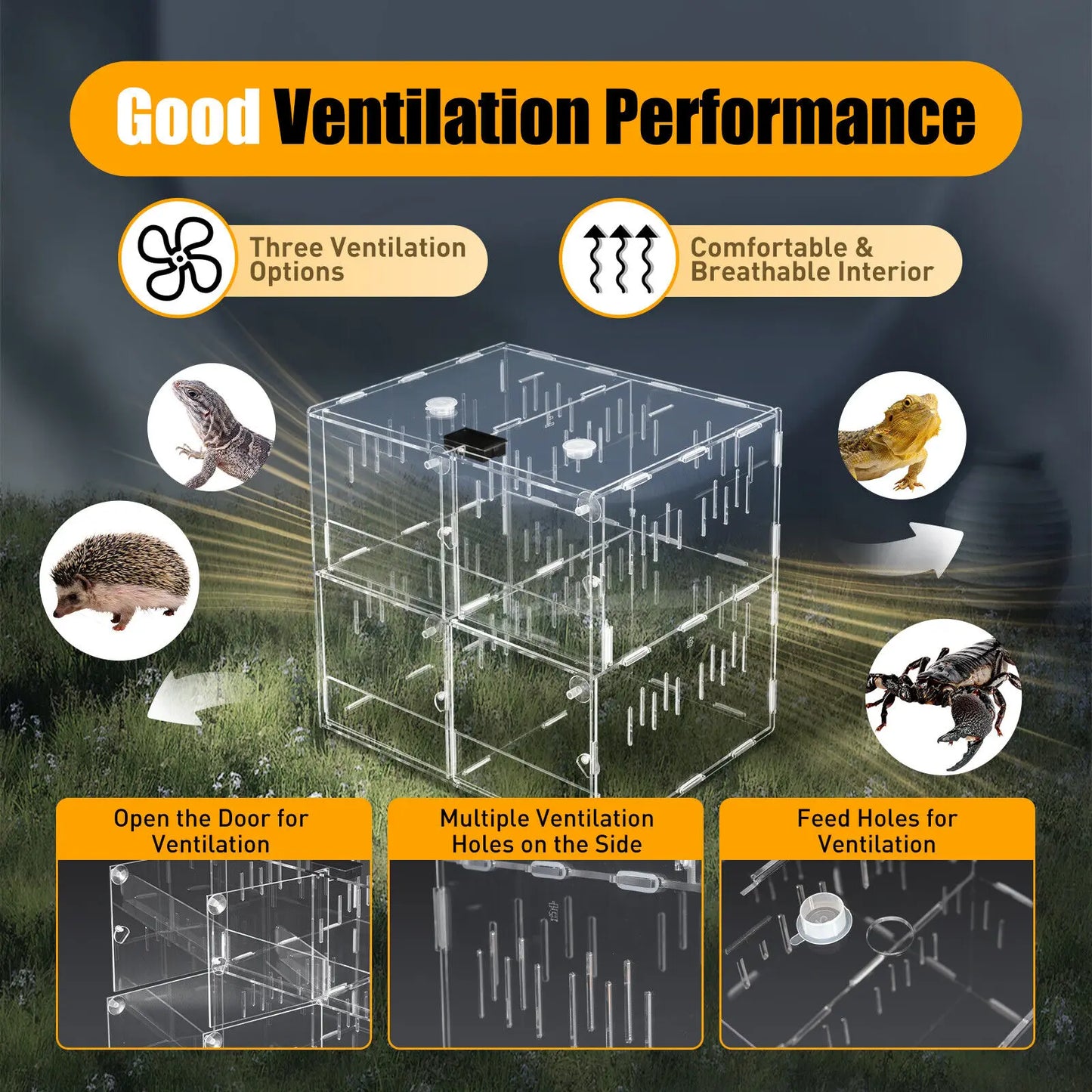 4 Grids Acrylic Pet Reptile Cage Breeding Box Terrarium Clear