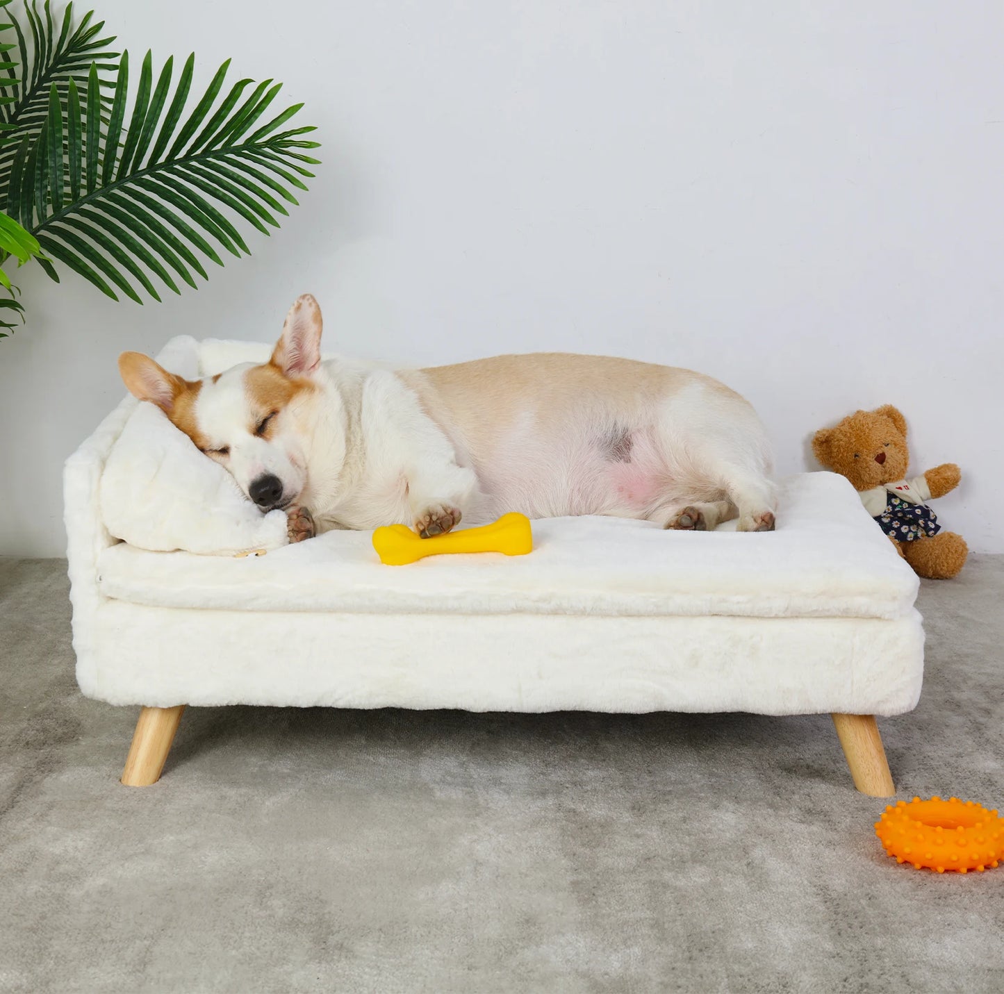 Elevated Pet Bed With Solid Wood Legs For Indoor Pets L Shape Plush Cushion
