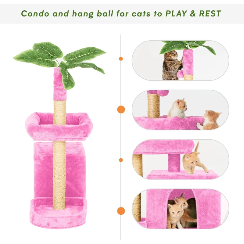 31.5" Cat Tree Tower for Indoor with Green Leaves Design