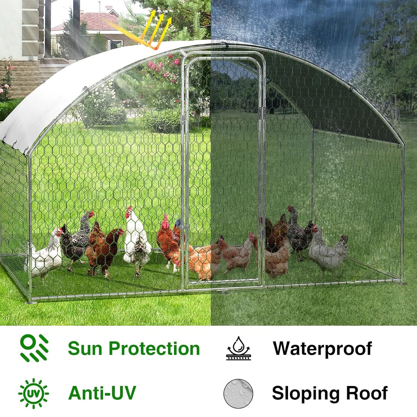 Large Metal Chicken Coop Walk-in Poultry Cage for Outdoor Waterproof UV-Resistant Cover Lockable Door Large Chicken Run for Farm