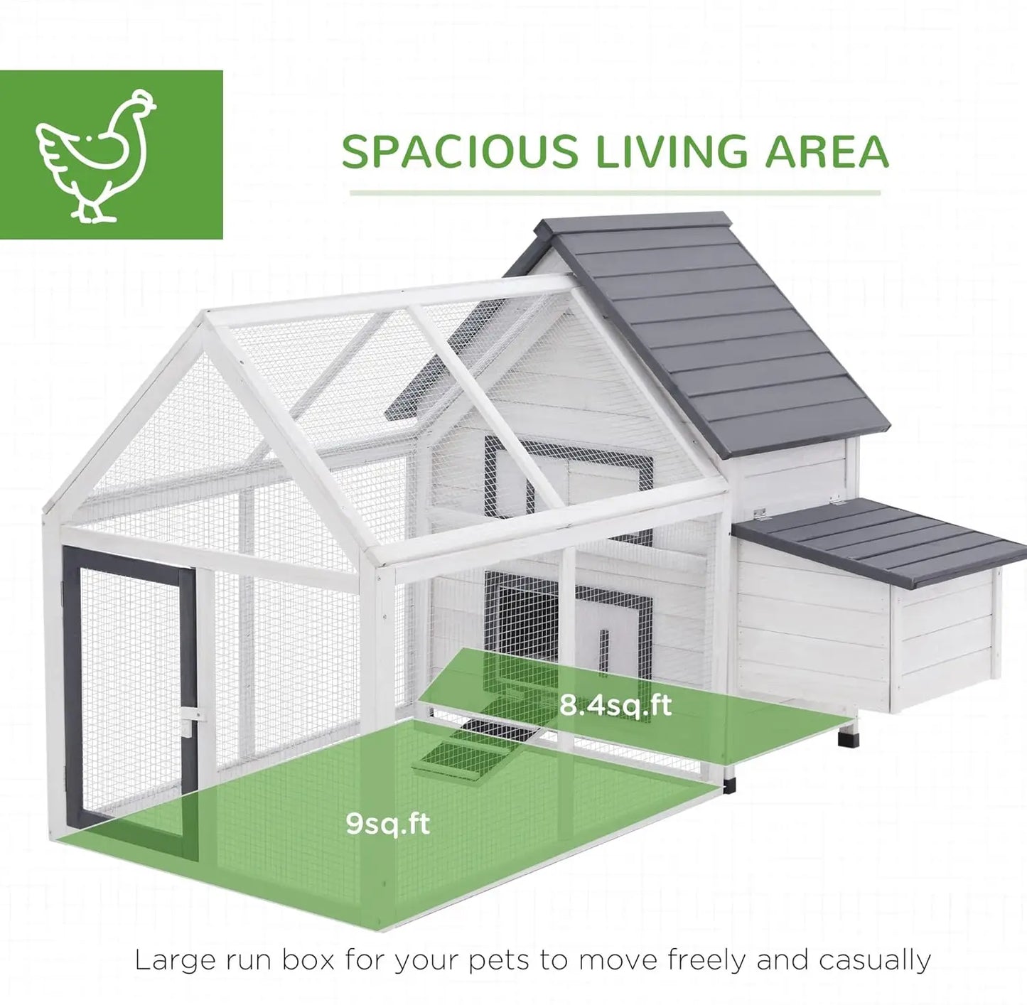 65" Chicken Coop Wooden with Detachable Run Outdoor Poultry Cage Hen Nesting Box Removable Tray