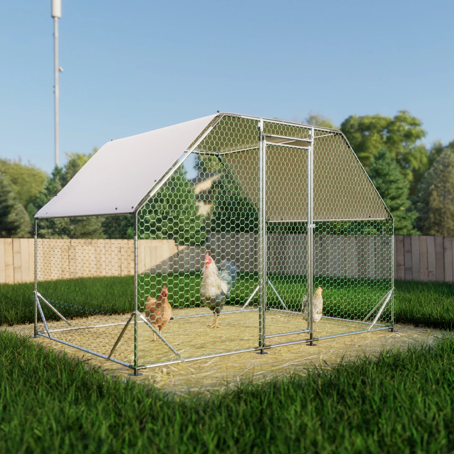 LZBEITEM 9.94 ft x 6.46 ft x 6.36 ft Metal Large Chicken Coop Walk-in Poultry Cage Run Flat Shaped with Waterproof Cover