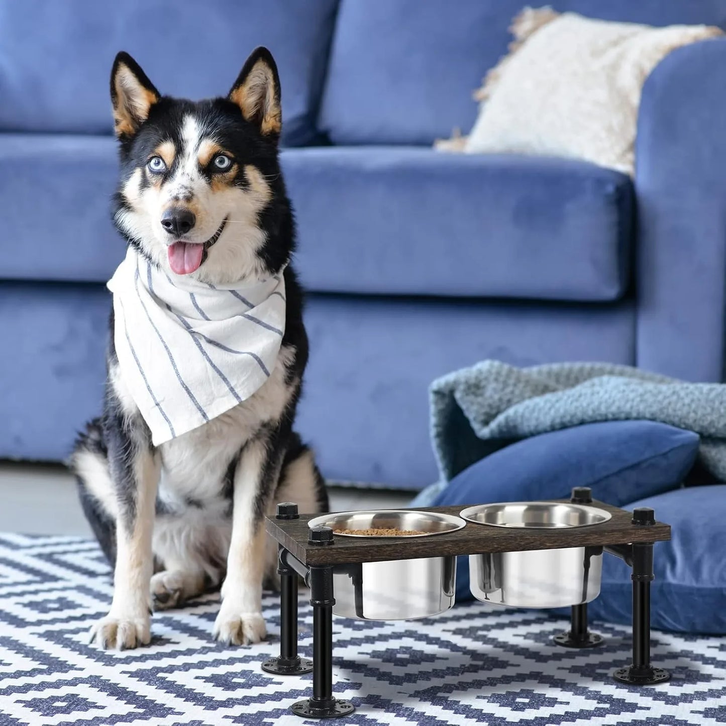 Raised Dog Bowl Stand for Large Dogs with 2 Stainless Steel Bowls and Waterproof Wood Base in Rustic Brown and Durable Design
