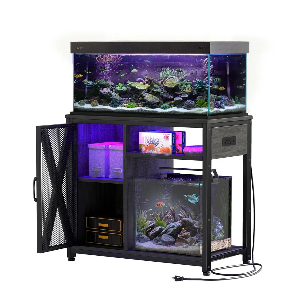 Metal Aquarium Stand With RGB Lighting And Built In Power Outlets For 40 To 50 Gallon Tanks Black Gray Storage Cabinet
