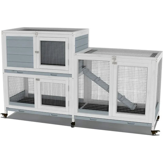 Two Floors 58 Inch Wooden Indoor Bunny Hutch Rabbit Cage on Wheels Guinea Pig Pet House for Small to Medium Animals