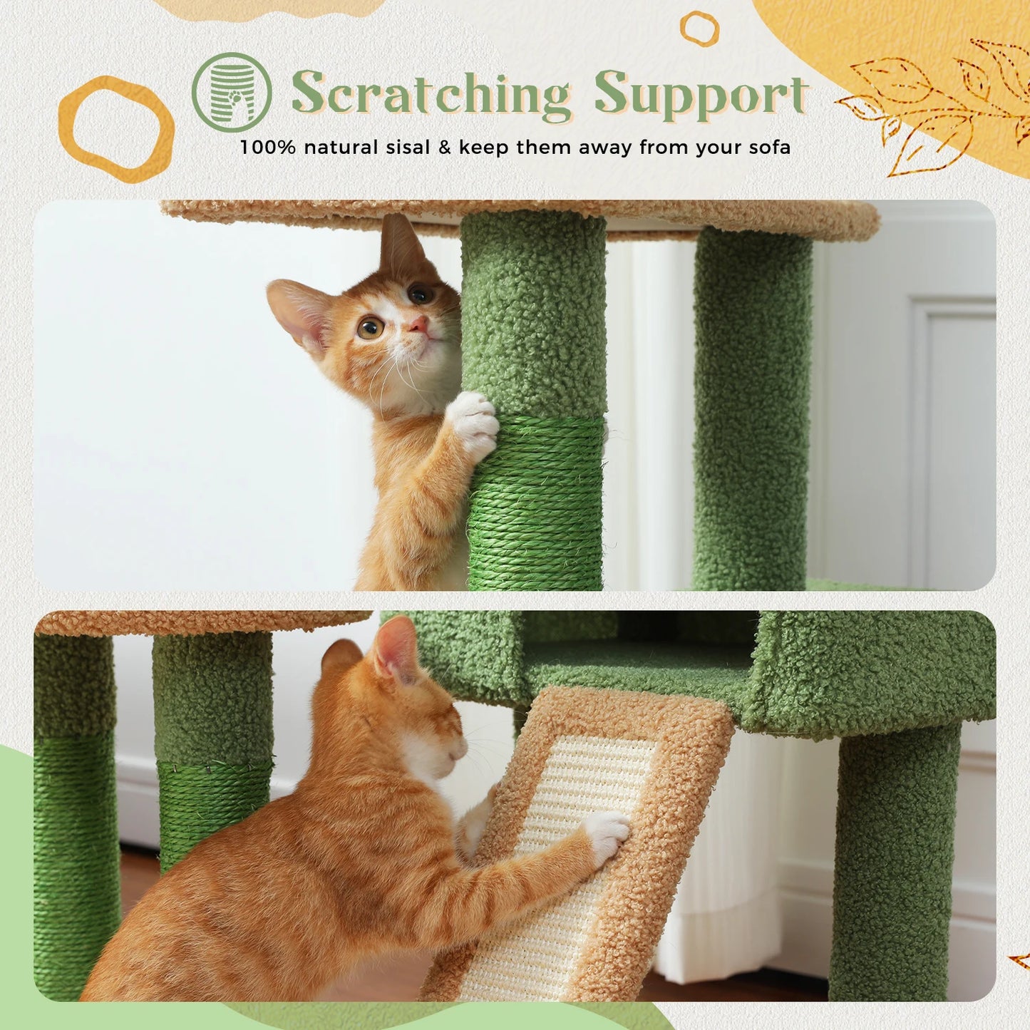 Multi Level Cat Tree for Indoor Cactus Cat Tower with Sisal Scratching Posts Large Condo and Deep Hammock Cat Accessories