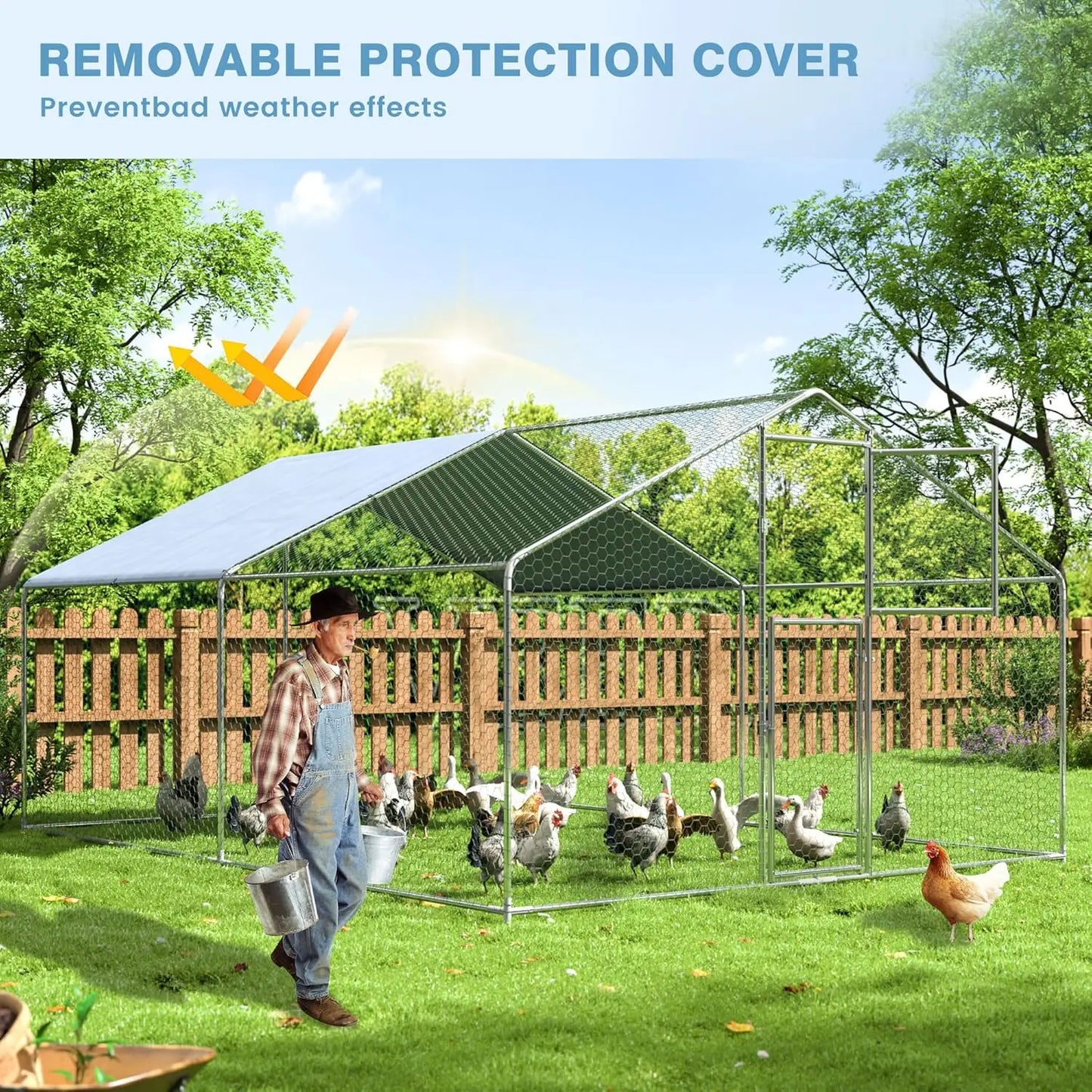 Metal Chicken Coop Large Outdoor Pen Walk-in Run for 6-20 with Double Door House