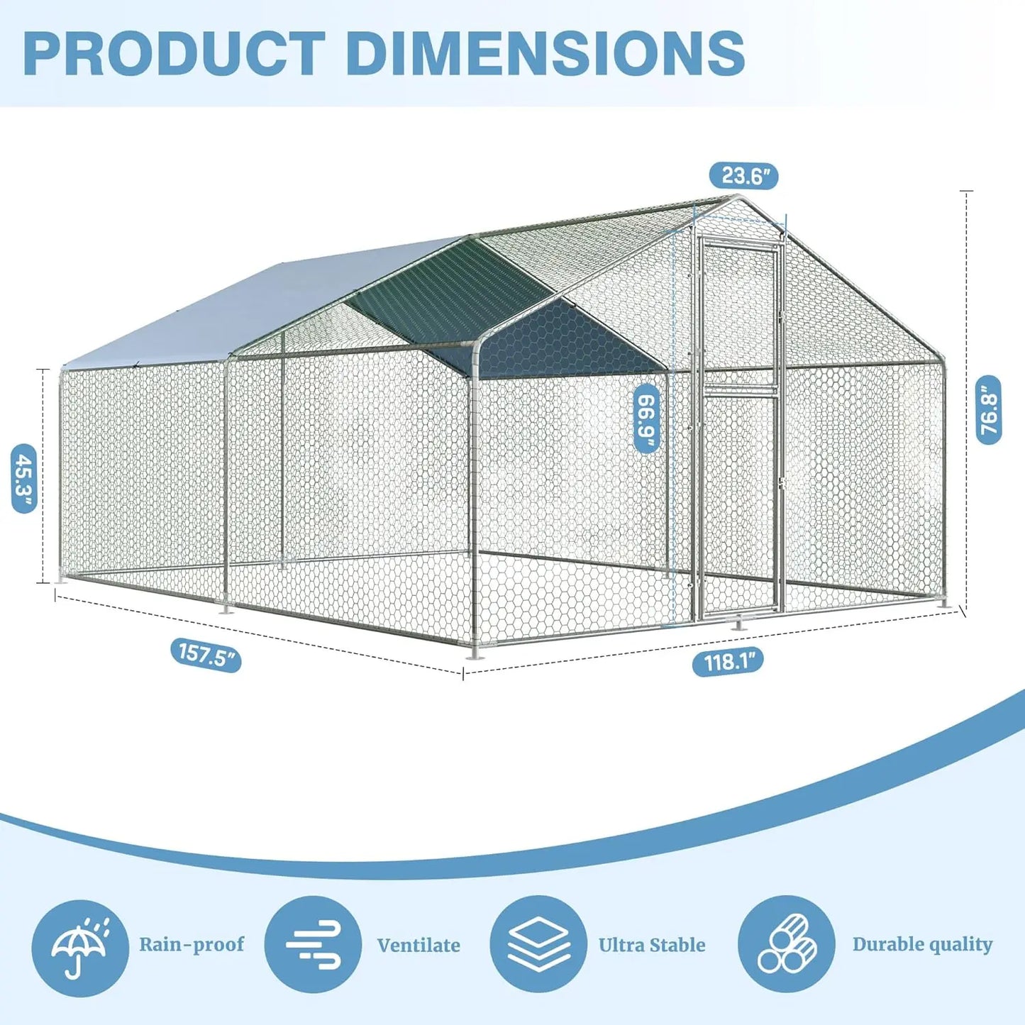 Metal Chicken Coop Large Outdoor Pen Walk-in Run for 6-20 with Double Door House