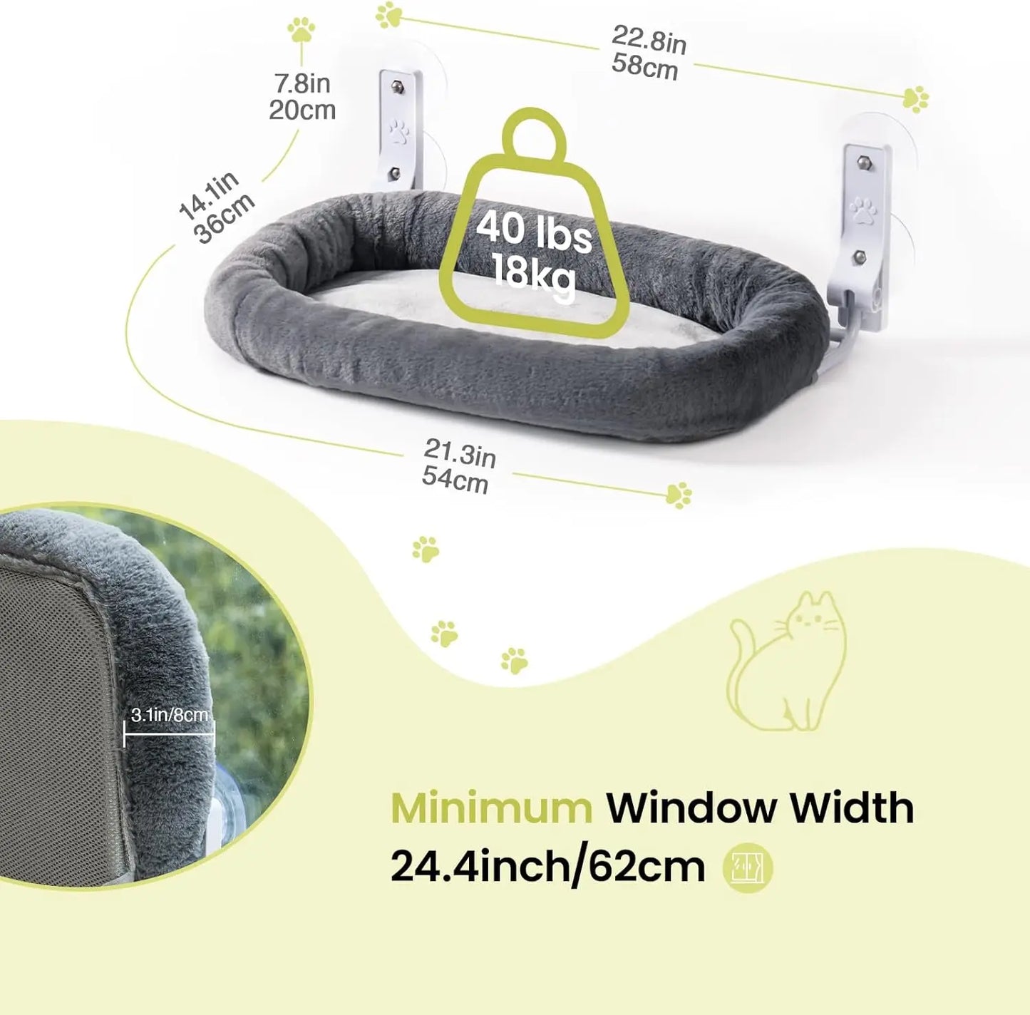 Mewoofun Foldable Cat Window Perch with Strong Suction Cups Cordless Cat Hammock Removable Soft Cover in White Brown and Green