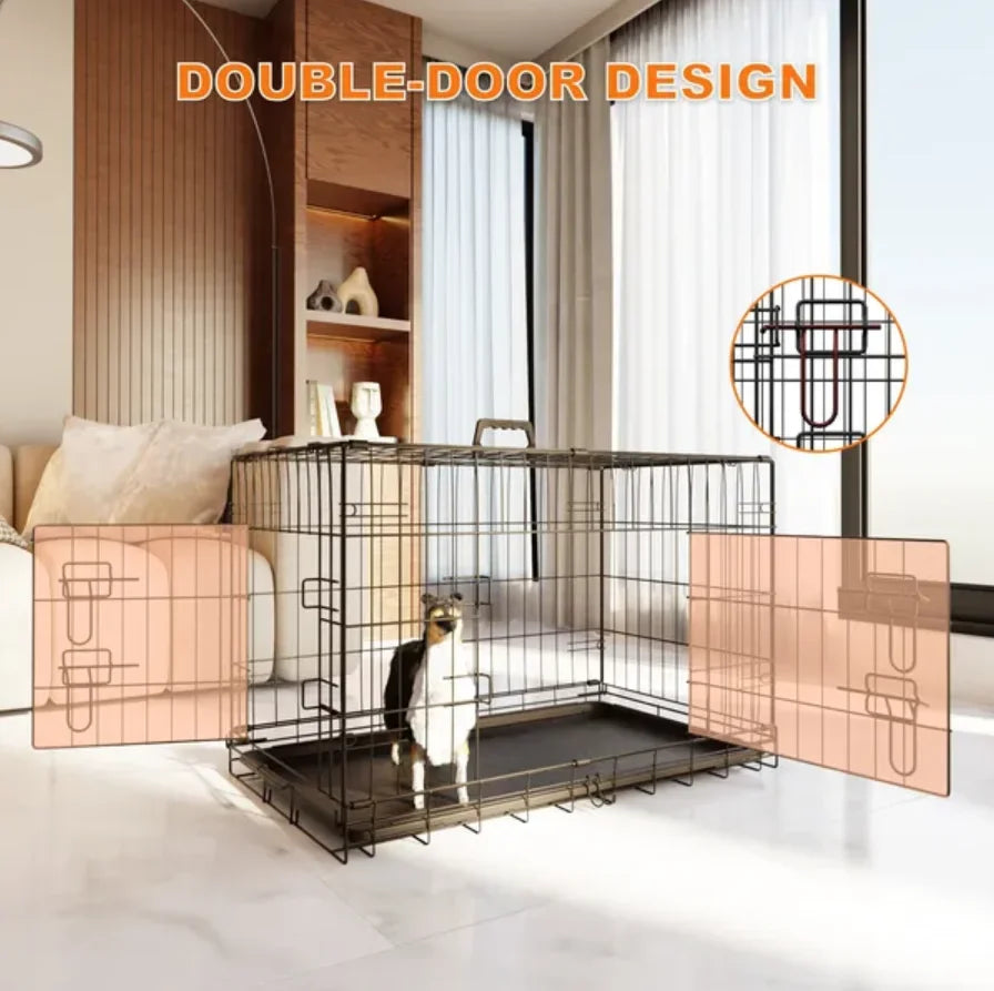 48 Inch Large Dog Cage with Divider and Leak Proof Pan Foldable Double Door Wire Indoor Outdoor Travel Vietnam Made