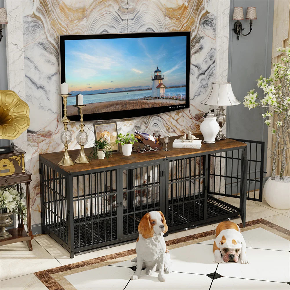 Large Wooden Dog Crate Indoor Furniture Style Elevated Pet Dog Cage Kennel End Table Lattice Playpen with 3 Doors