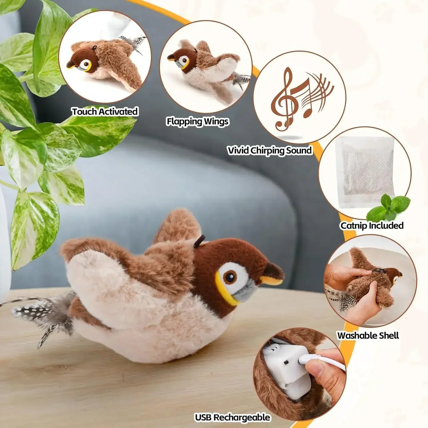 Bird-Shaped Cat Toy Interactive Toys Dog Rechargeable Chirping Flapping Bird Catnip Touch Activated Squeak Plush Toy Pet