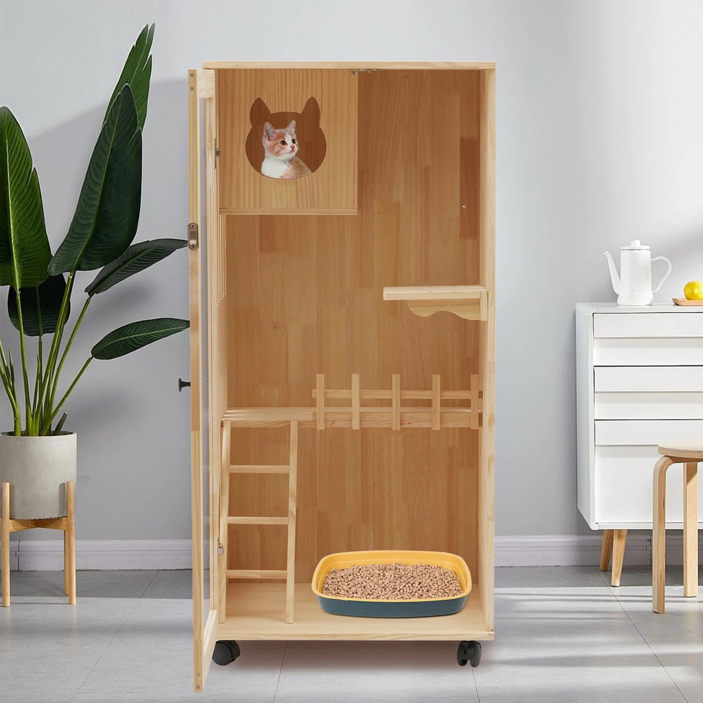 Wooden Cat House with LED Light, Clear Door & Wheels, Easy Install