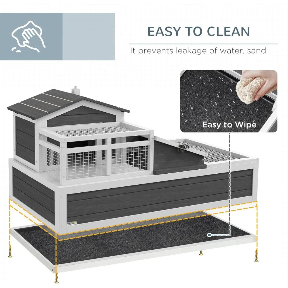 3 Room Tortoise House Habitat with Balcony and 2 Stories Indoor Outdoor Wooden Tortoise Enclosure with Ladder and Tray