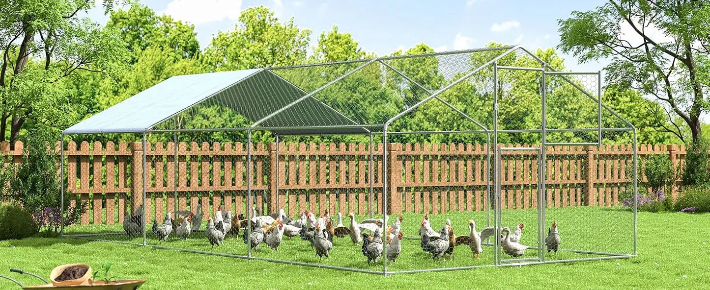 Metal Chicken Coop Large Outdoor Pen Walk-in Run for 6-20 with Double Door House
