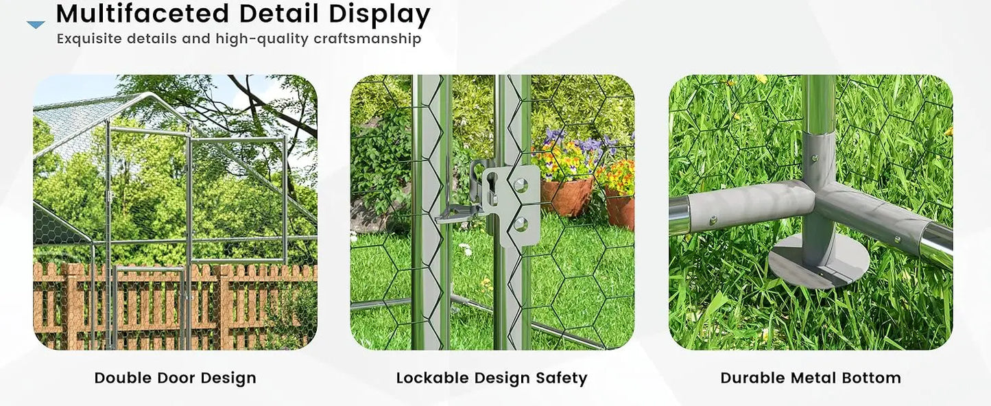 Metal Chicken Coop Large Outdoor Pen Walk-in Run for 6-20 with Double Door House