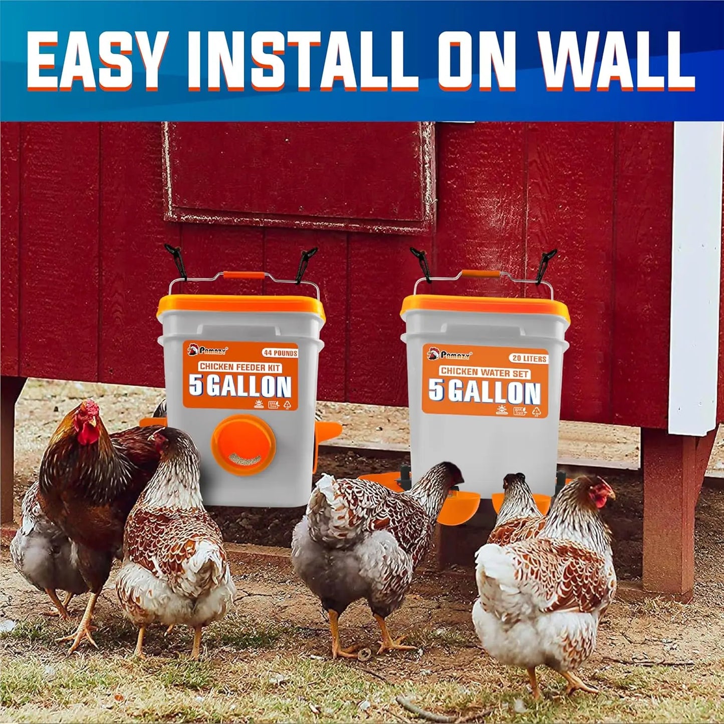 5 Gallon Automatic Chicken Feeder and Waterer Set with No Waste Design Rain Proof Buckets