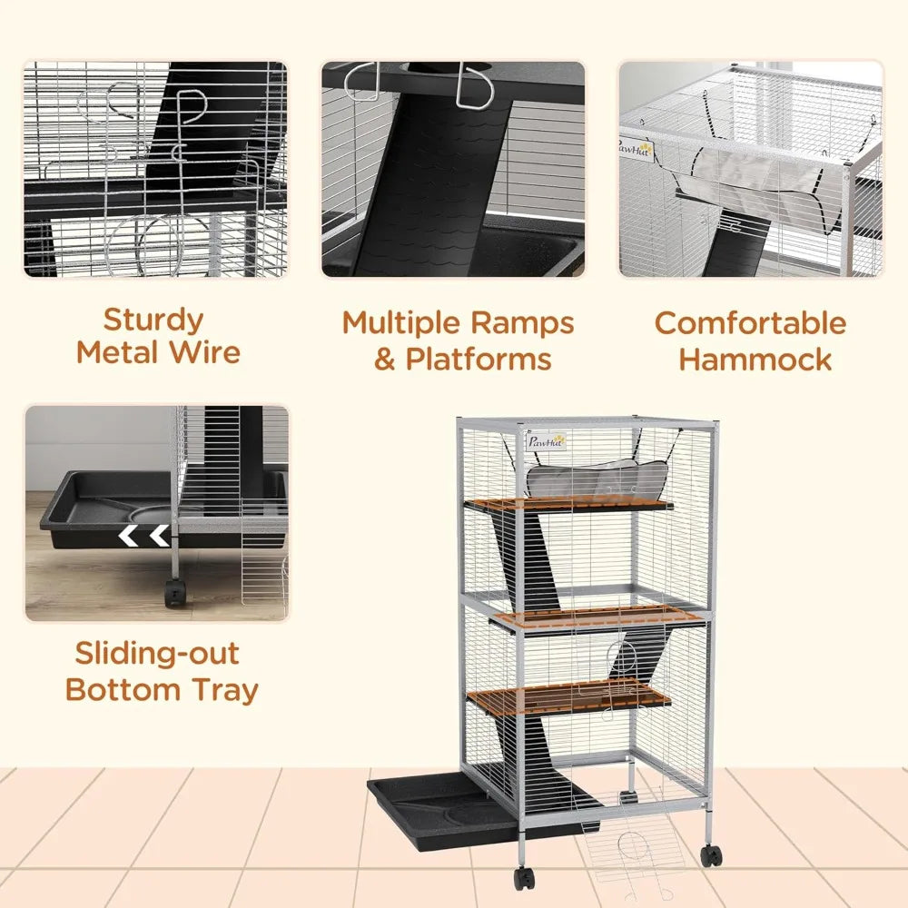 Metal Small Animal Cage Rolling Big for Ferret Chinchilla Sugar Glider With Hammock and 4 Tiers