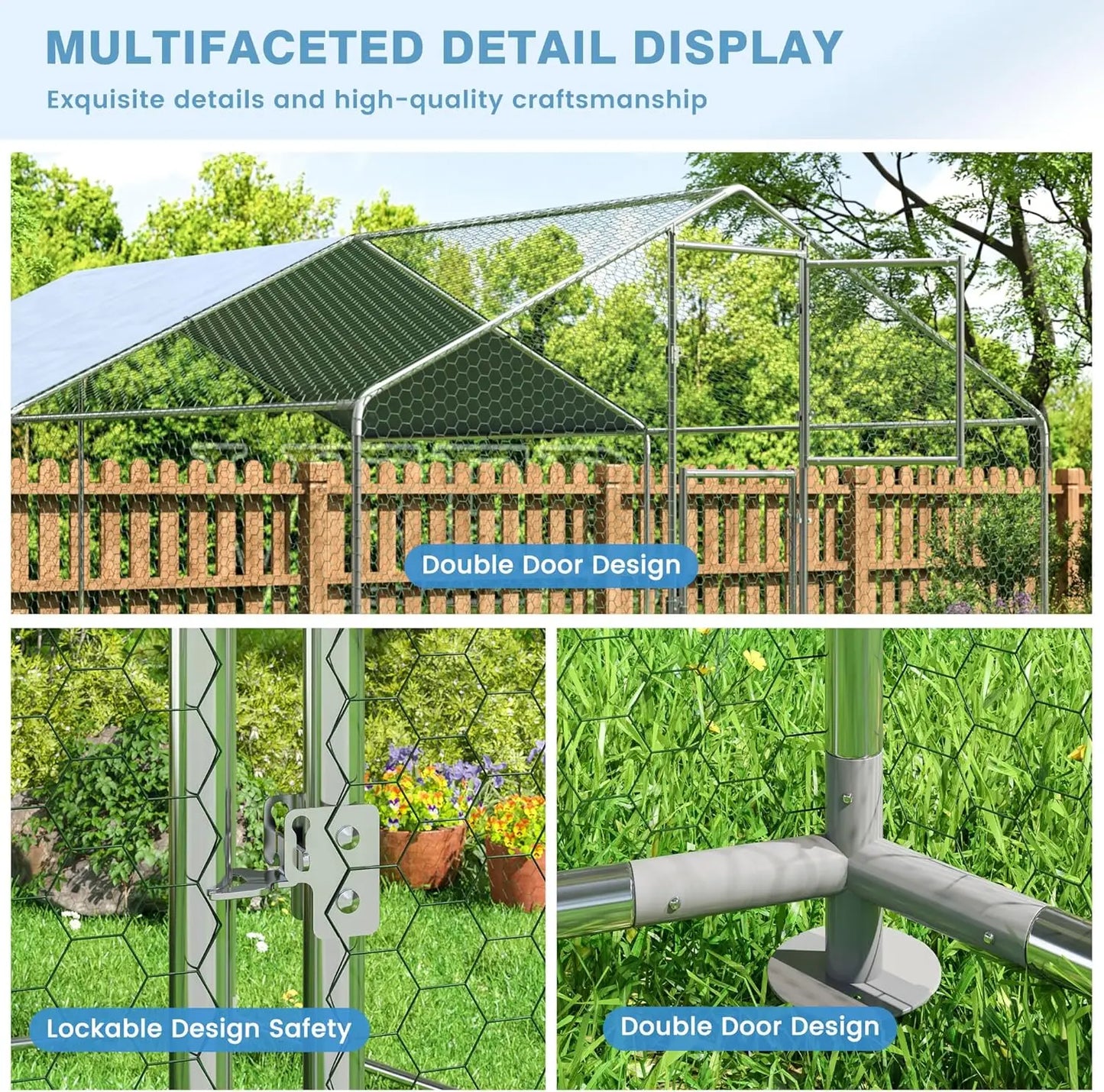 Metal Chicken Coop Large Outdoor Pen Walk-in Run for 6-20 with Double Door House