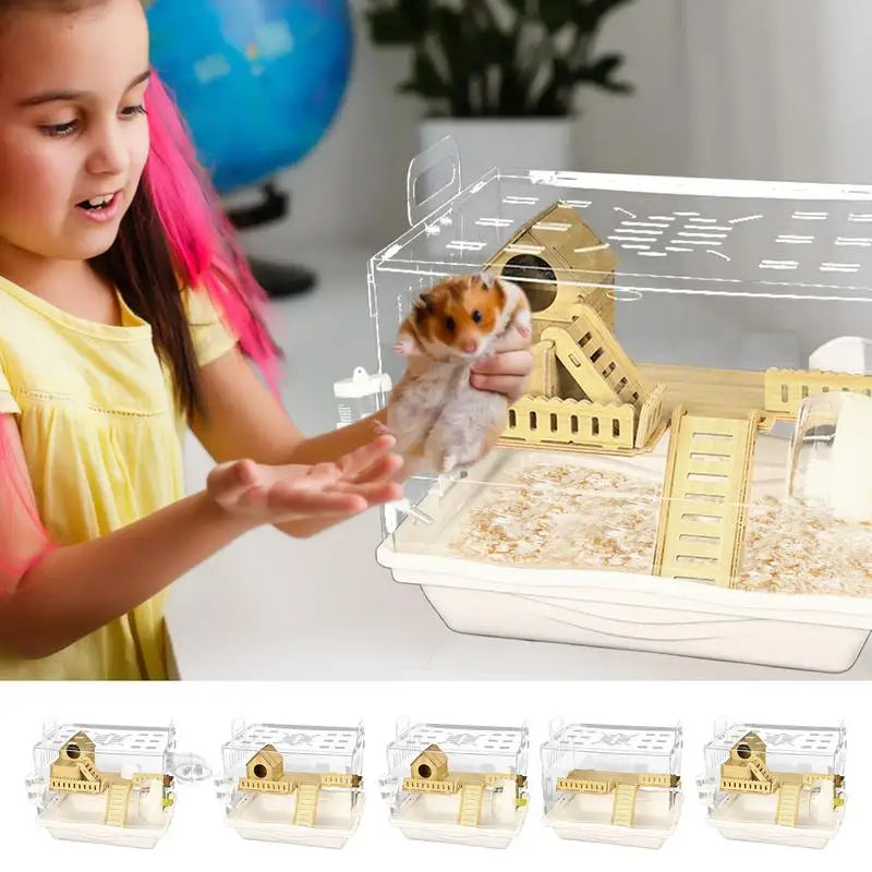 Acrylic Hamster Cage Wooden Small Animal Cage Accessories 2 Layer Small Pet Breathable House for Dwarf Hamsters Mice and Gerbils