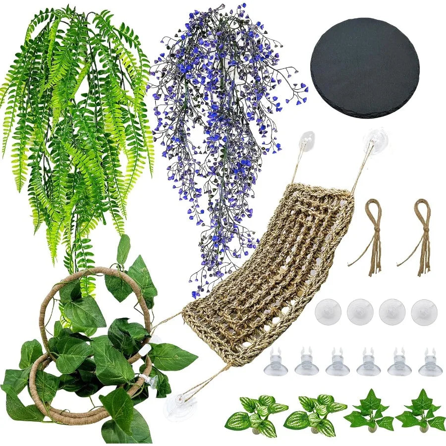 8 Pieces Bearded Dragon Hammock Reptile Basking Platform With Artificial Plants Leaves Vines Tan