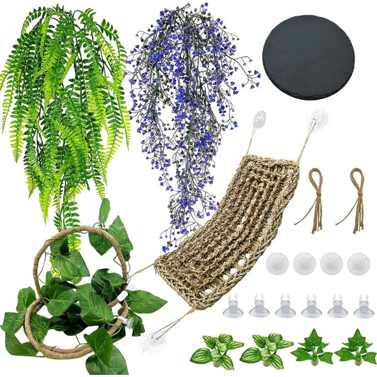 8 Pieces Bearded Dragon Hammock Reptile Basking Platform With Artificial Plants Leaves Vines Tan