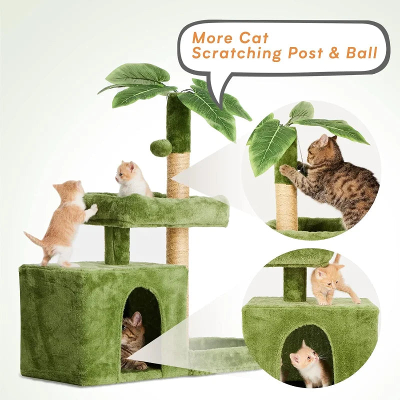 31.5" Cat Tree Tower for Indoor with Green Leaves Design